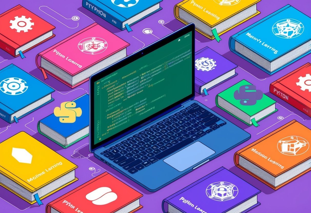 A laptop displaying code, surrounded by books on Python and machine learning