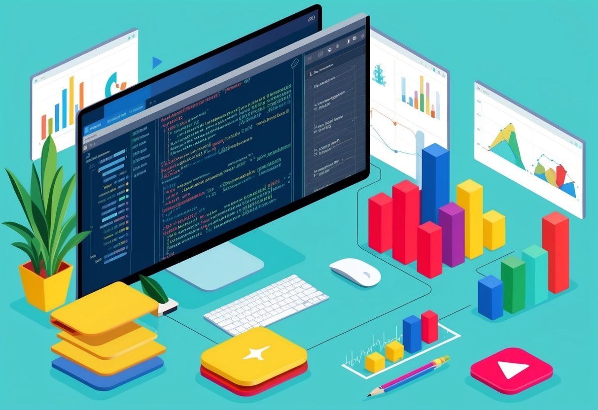 A computer screen with Python code, charts, and graphs displayed