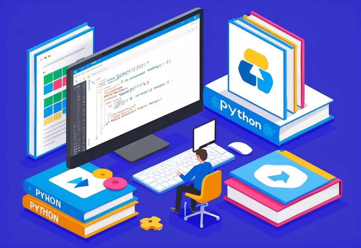 A person learning Python through data analysis techniques, surrounded by coding books and a computer with code on the screen