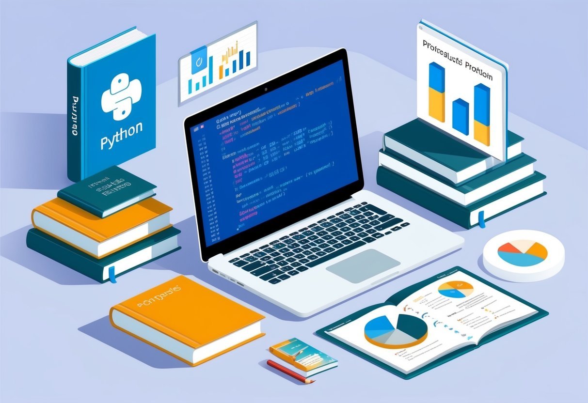 A laptop displaying Python code, surrounded by books on data analysis and a professional portfolio