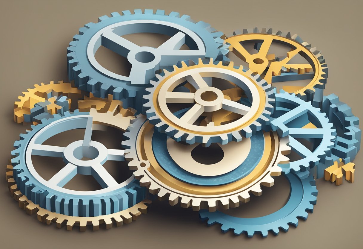 A series of three interconnected gears, each labeled with "1NF," "2NF," and "3NF," symbolizing the process of normalization