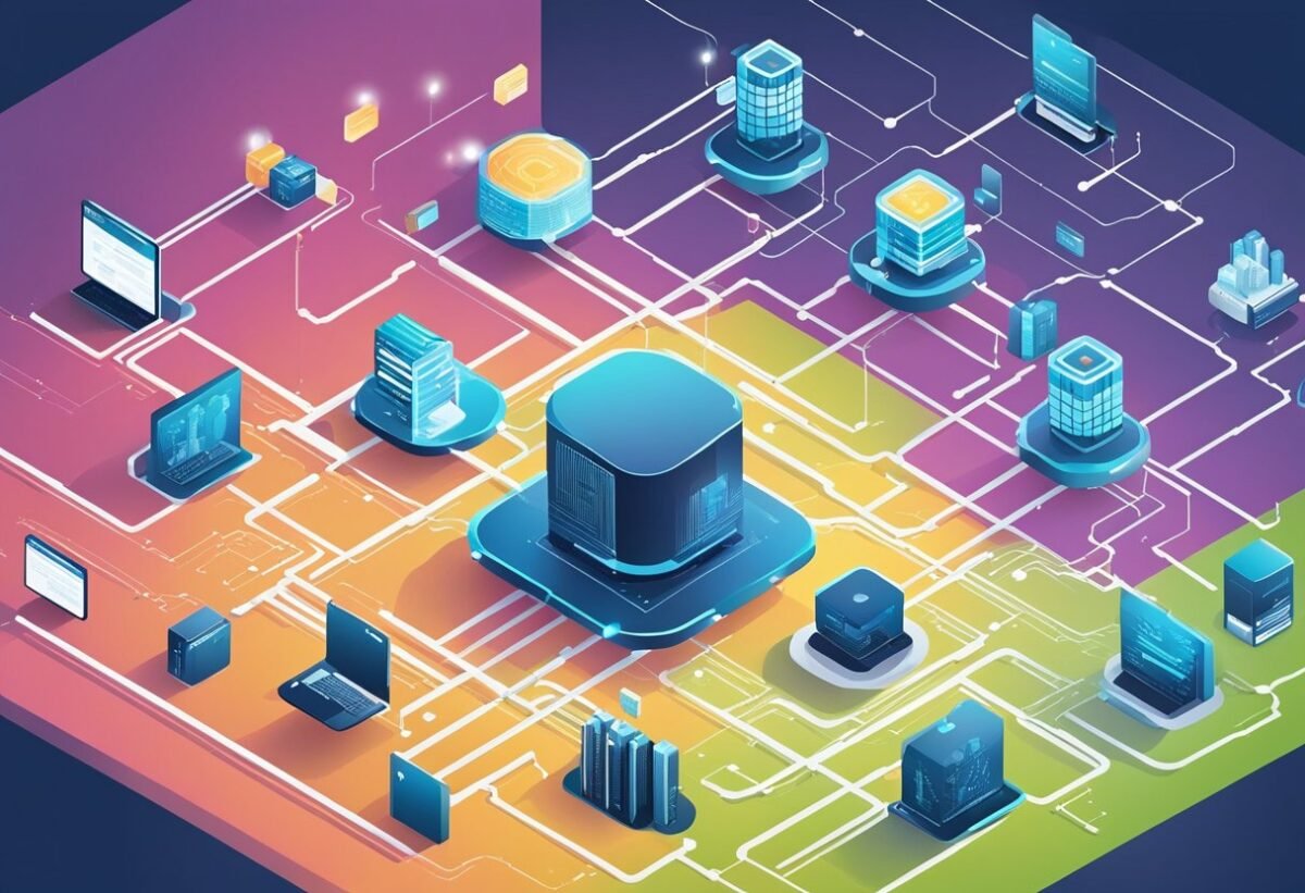A network of interconnected nodes with data flowing between them, representing various types of databases
