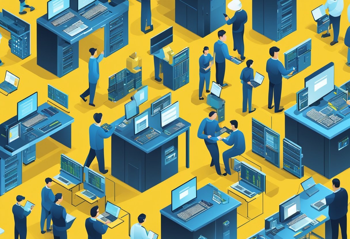 A busy industrial scene with workers using various types of databases on computers and servers