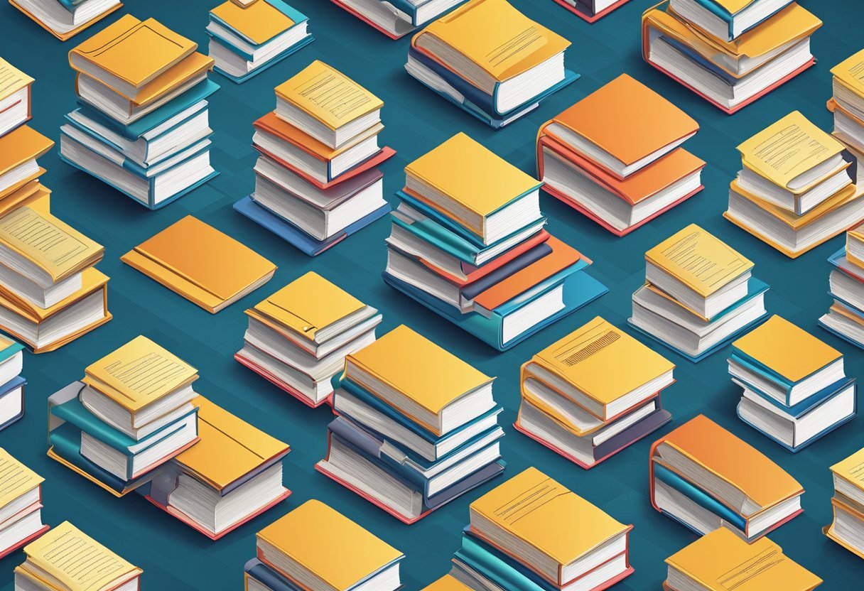 A stack of open books, each labeled with a different type of database (relational, NoSQL, graph, etc.), with a magnifying glass hovering over them