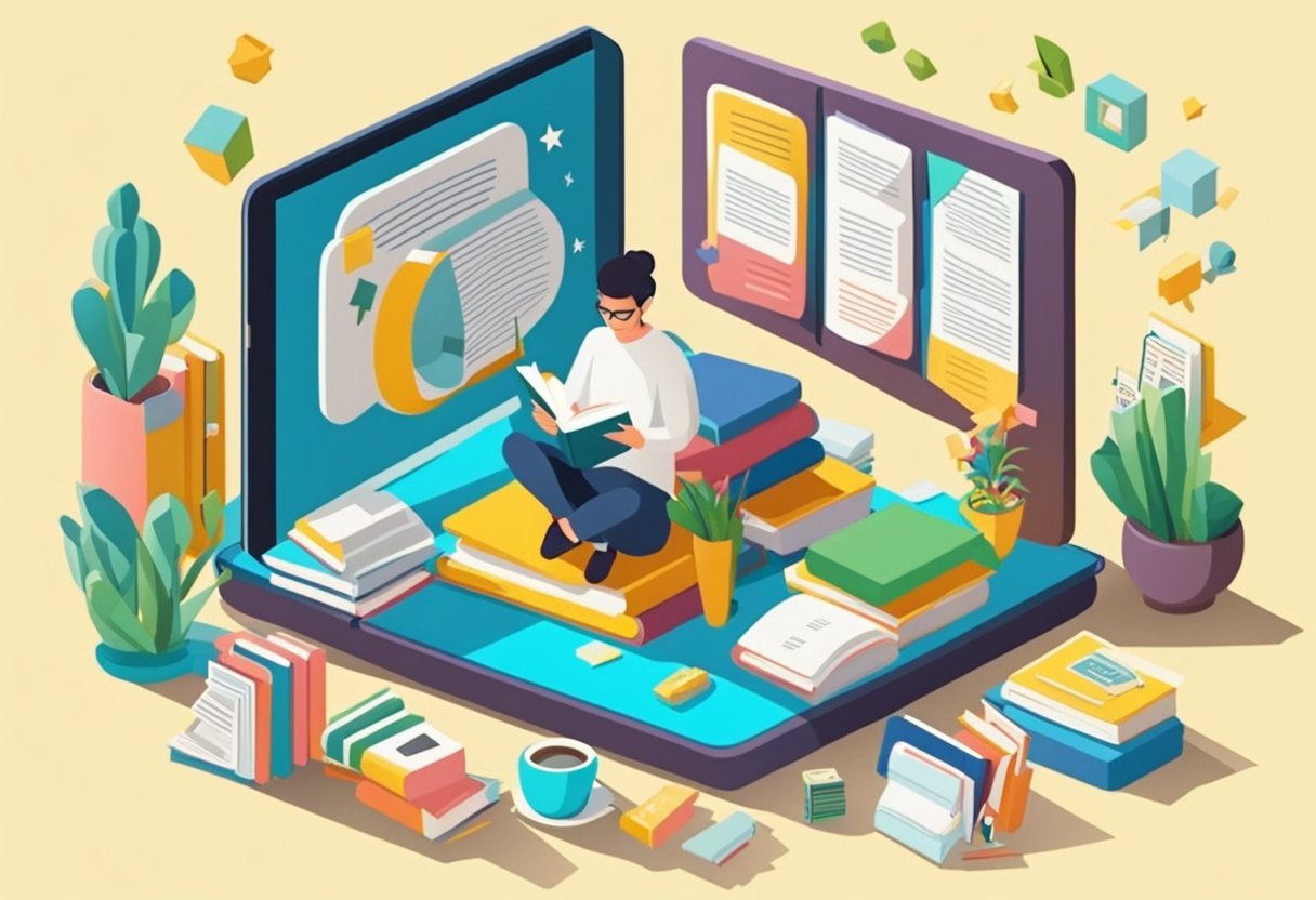 A person reading a book, surrounded by various objects representing different rules and exceptions