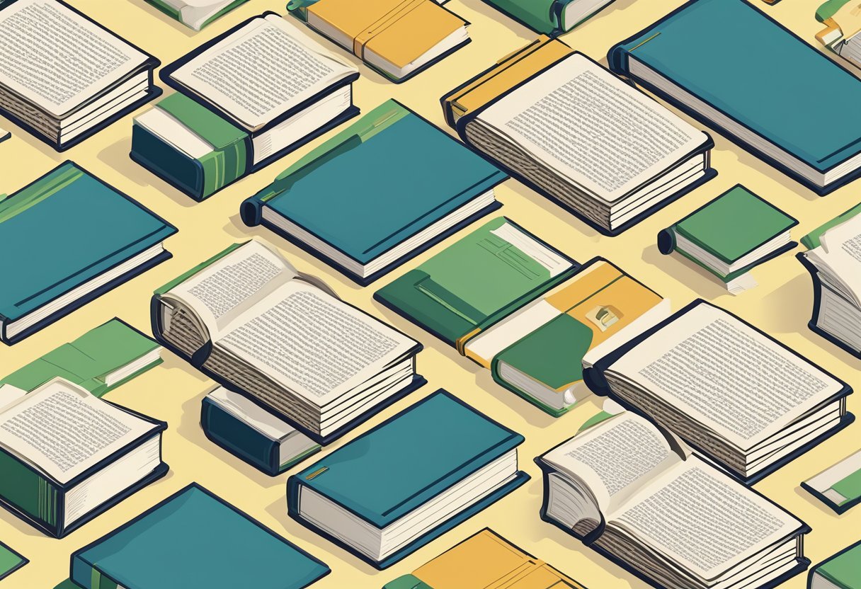 A stack of books on English vocabulary with a magnifying glass highlighting a page of exceptions to the rules