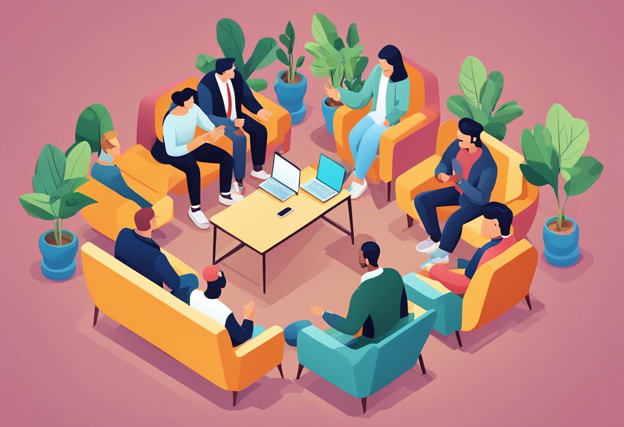 A group of diverse people engage in lively conversation, gesturing and expressing themselves with varying accents and intonations