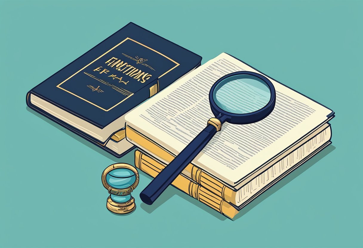 A stack of rule books with one open to a page titled "Finding Exceptions." A magnifying glass hovers over the text, highlighting key phrases