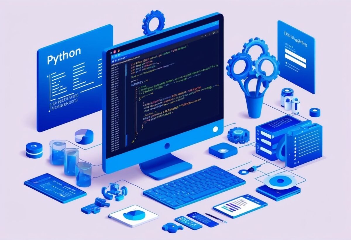 A computer screen displaying code in Python, surrounded by data engineering tools and resources
