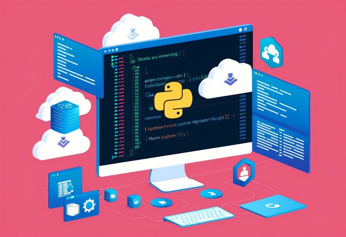 A computer screen displaying Python code with cloud icons and data engineering symbols