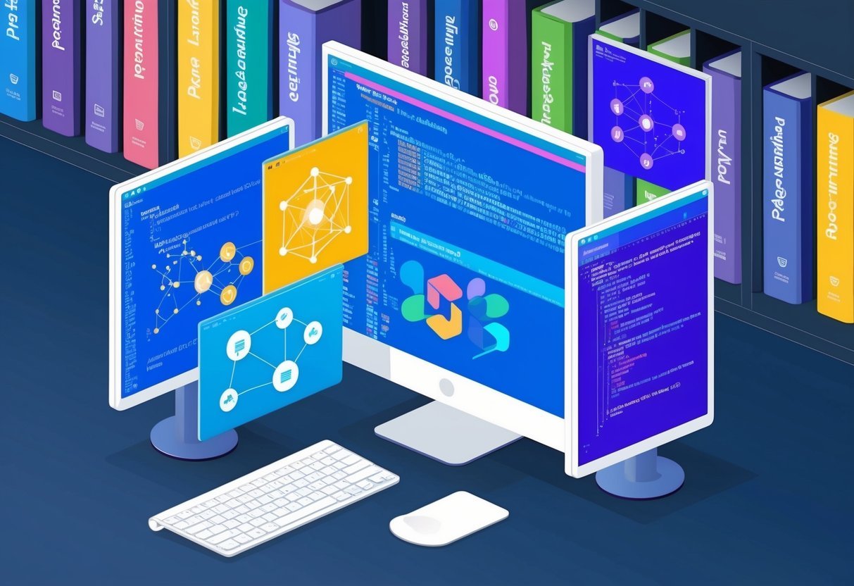 A computer with multiple screens displaying code, data visualizations, and machine learning algorithms. A bookshelf filled with Python programming books in the background