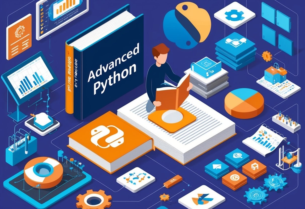 A person studying a book on advanced Python, surrounded by data engineering tools and resources