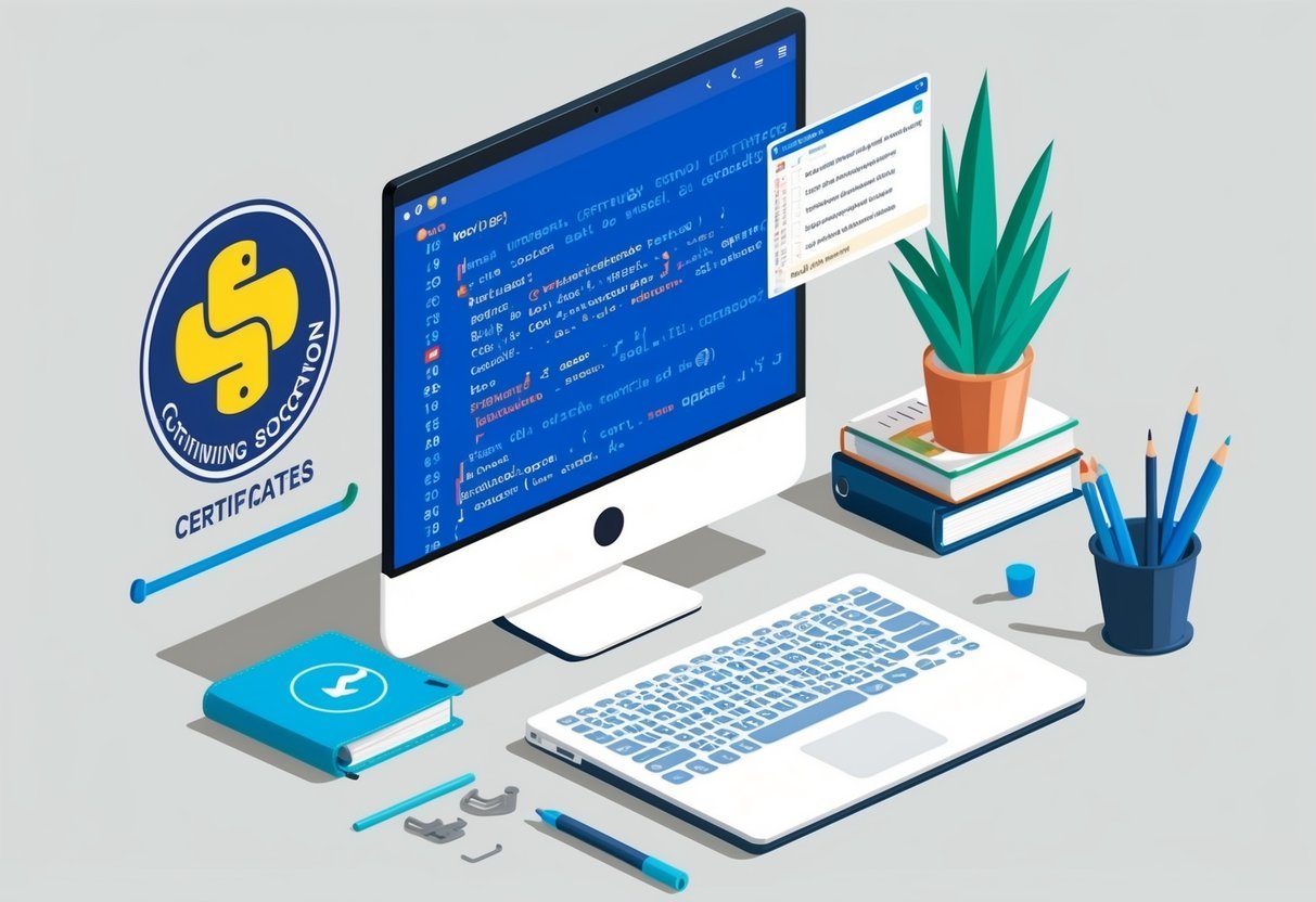 A computer screen displaying Python code with a certification and continuing education logo in the background