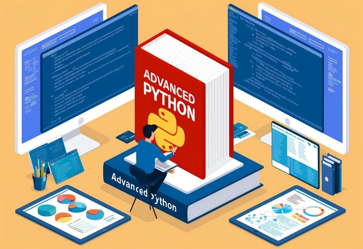 A person studying a thick book on advanced Python, surrounded by computer screens and reference materials