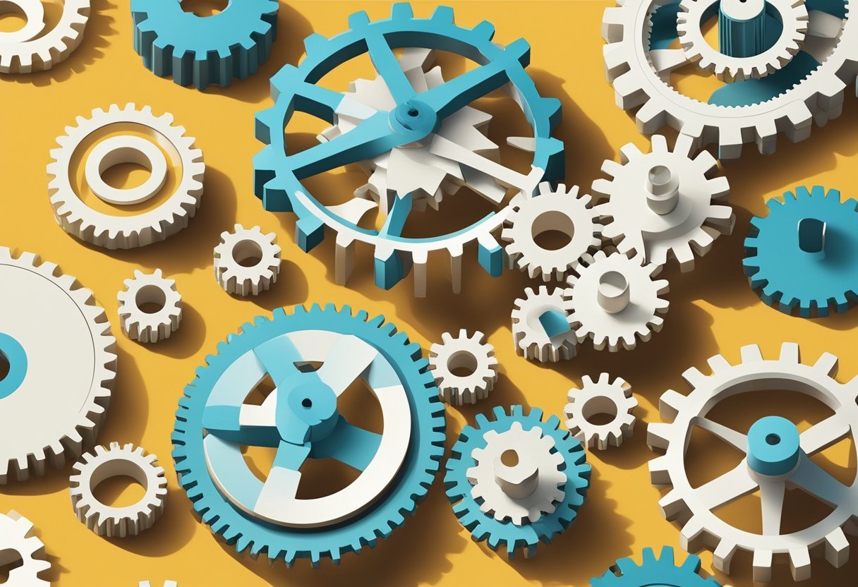 A series of interconnected gears representing the progression from first to third normal form, each gear becoming more refined and streamlined