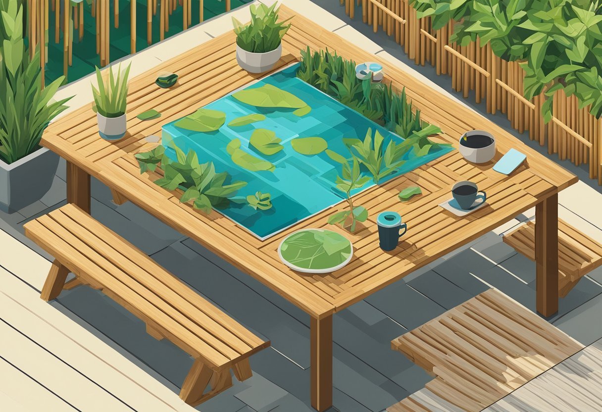 A table with various sustainable materials such as bamboo, recycled plastic, and reclaimed wood. A designer considers their environmental impact