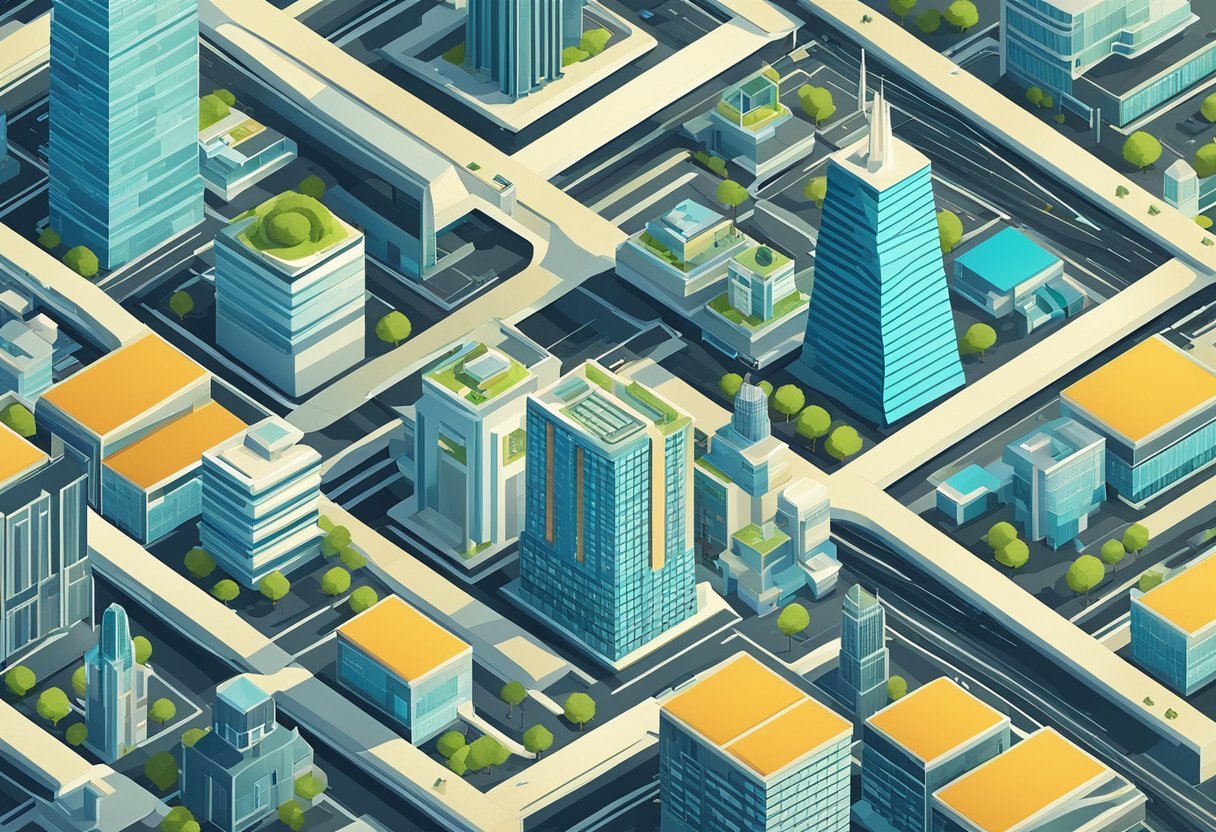 A futuristic city skyline with sleek, innovative buildings and advanced transportation systems, showcasing the integration of technology in design
