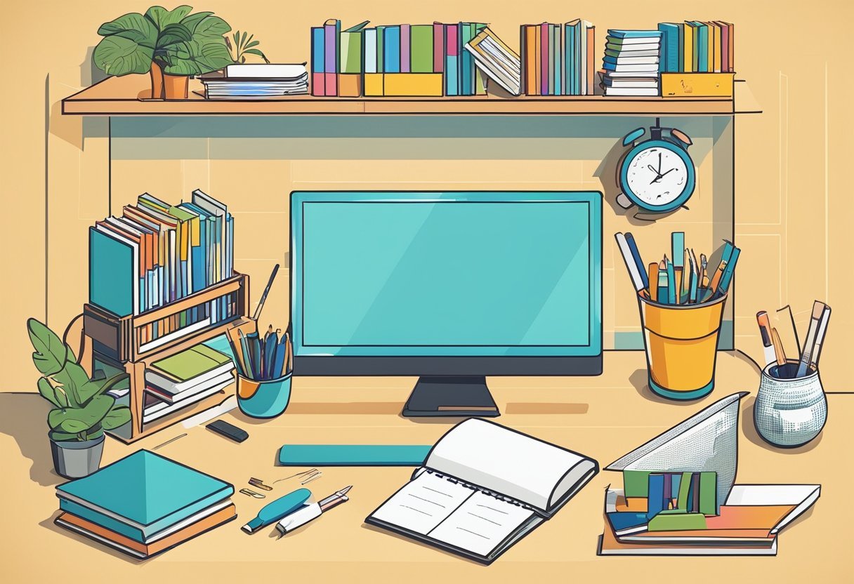 A designer's desk with tools, sketches, and a computer displaying design considerations. A bookshelf with design books in the background