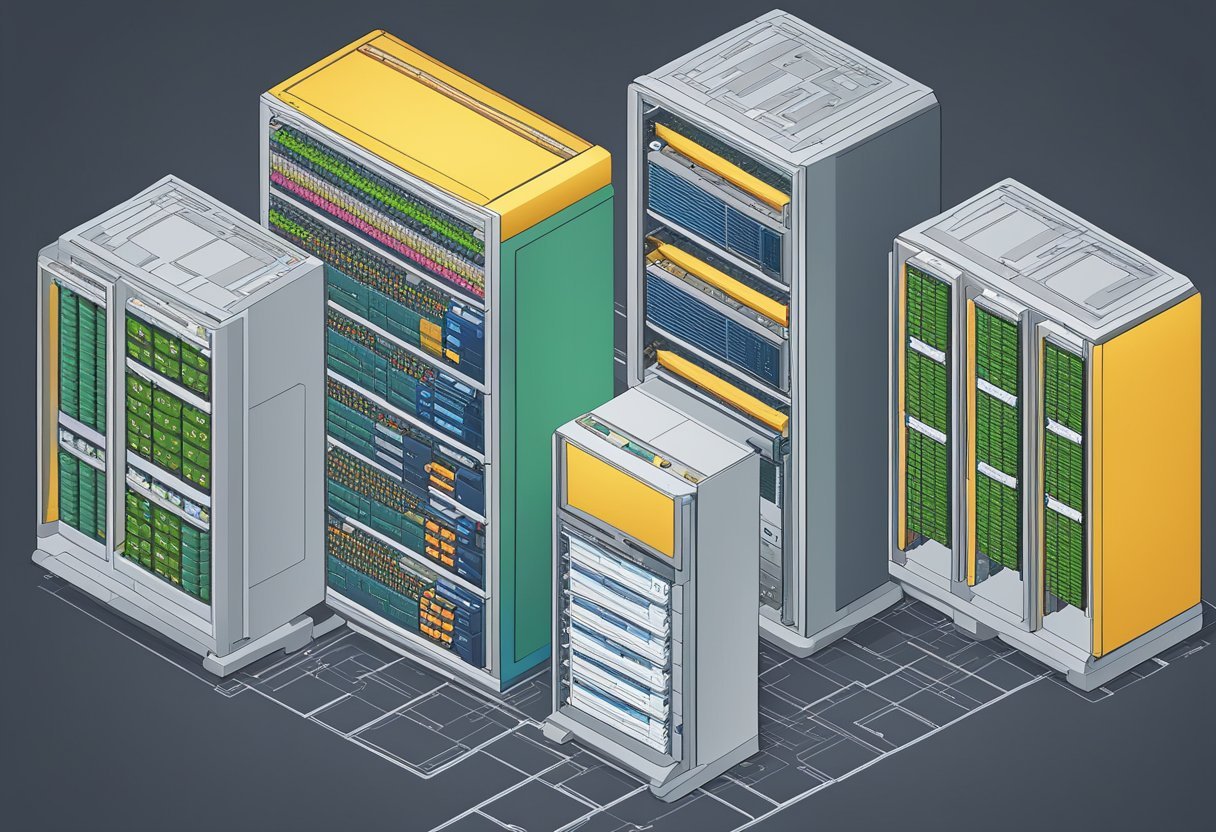 A server rack with a database system diagram displayed on a computer monitor