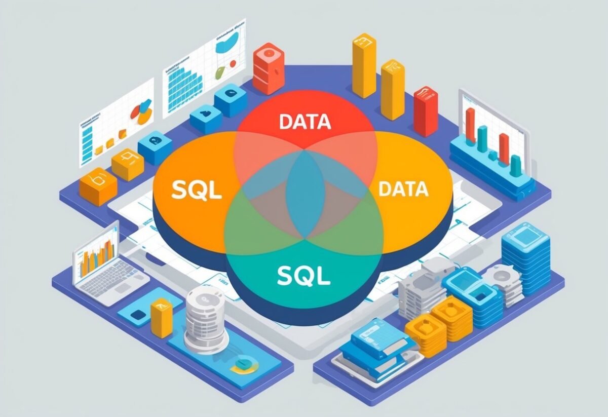 A Venn diagram with overlapping circles representing different sets of data in SQL