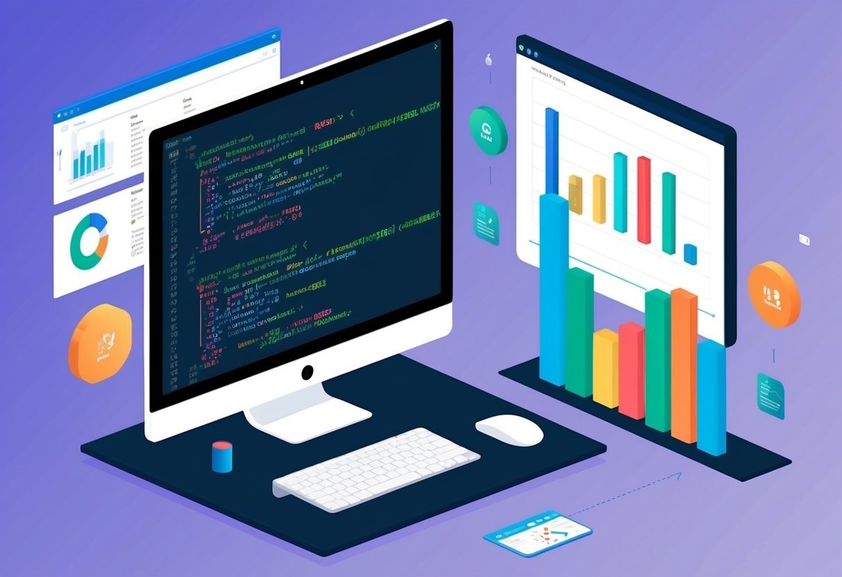 A computer screen displaying SQL code for creating and managing views, with a data analysis chart in the background