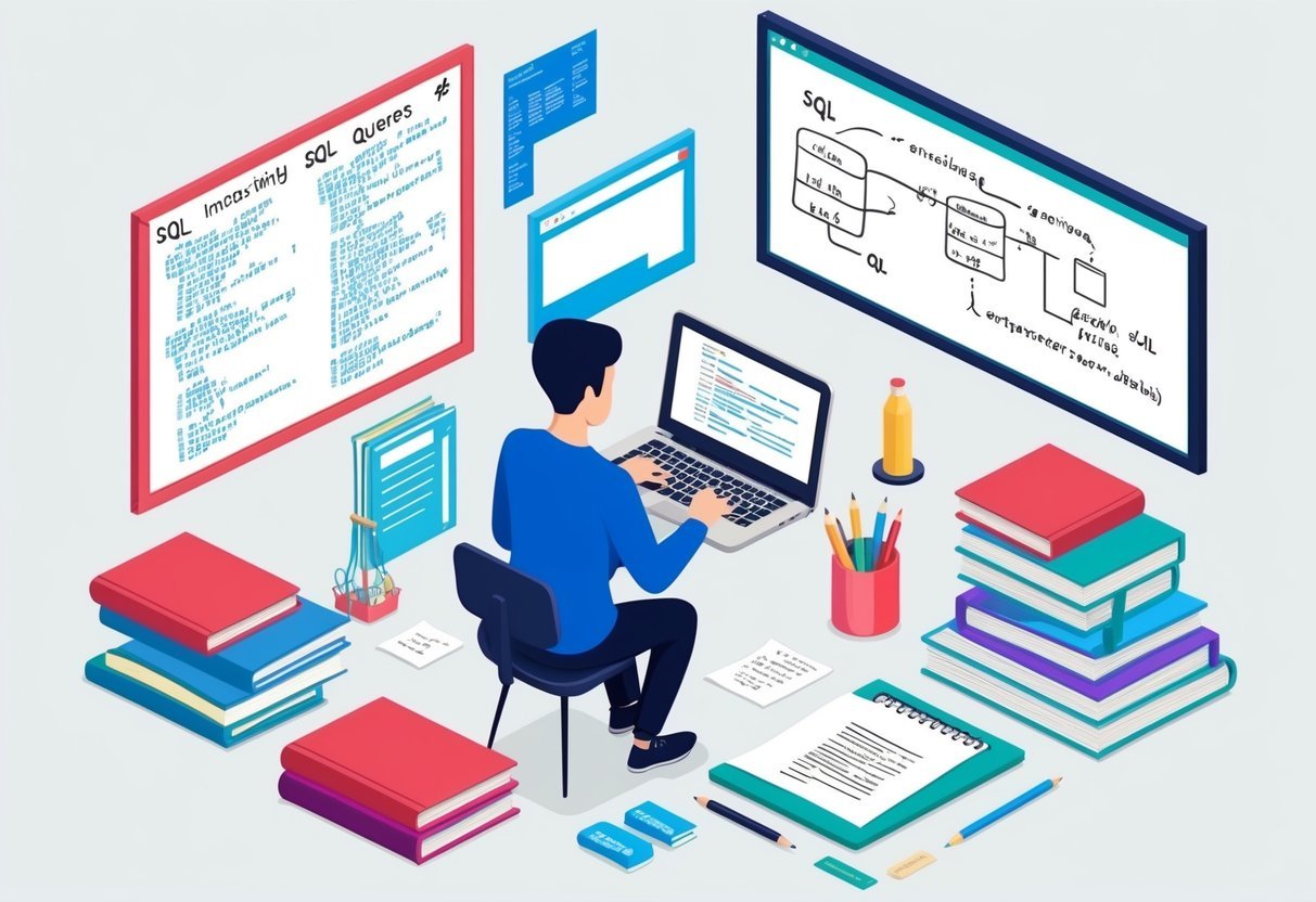 A person typing on a laptop, surrounded by SQL books and notes, with a whiteboard filled with SQL queries and diagrams