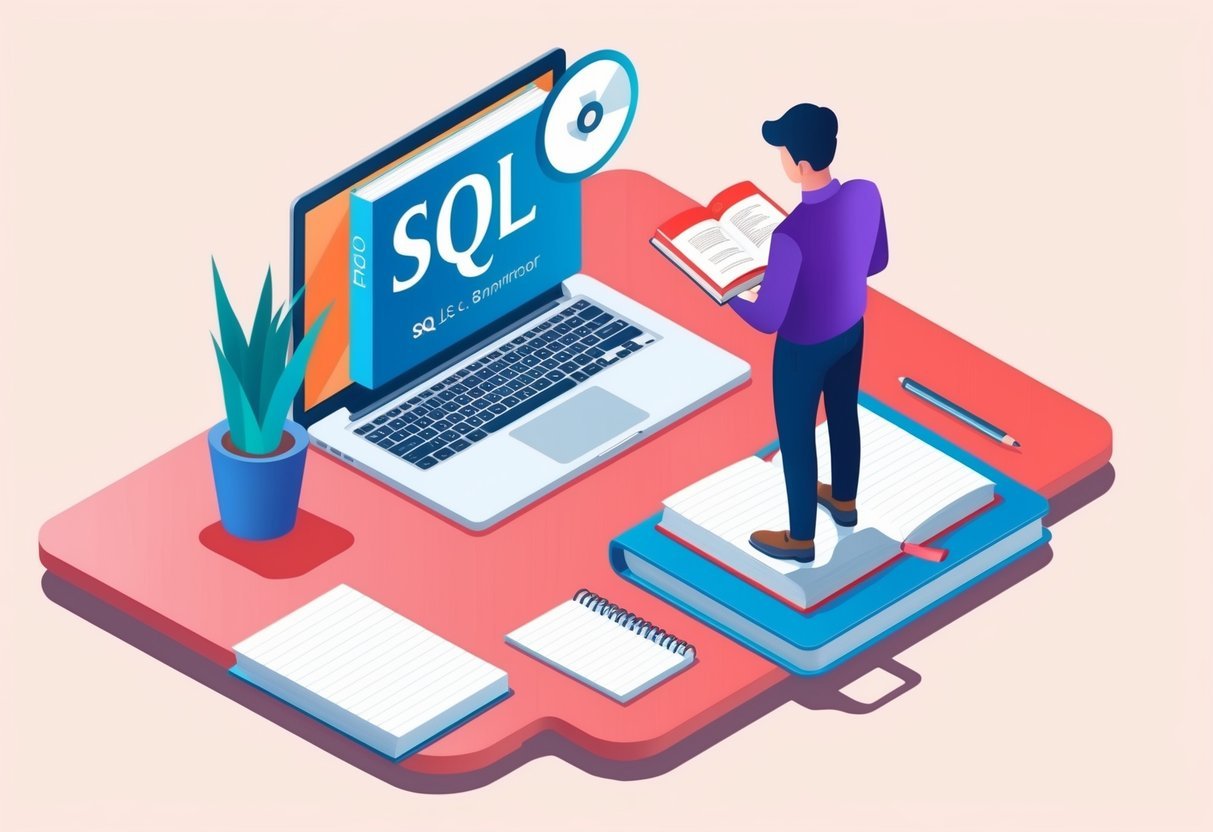 A person studying a book on SQL with a laptop and notebook on the table