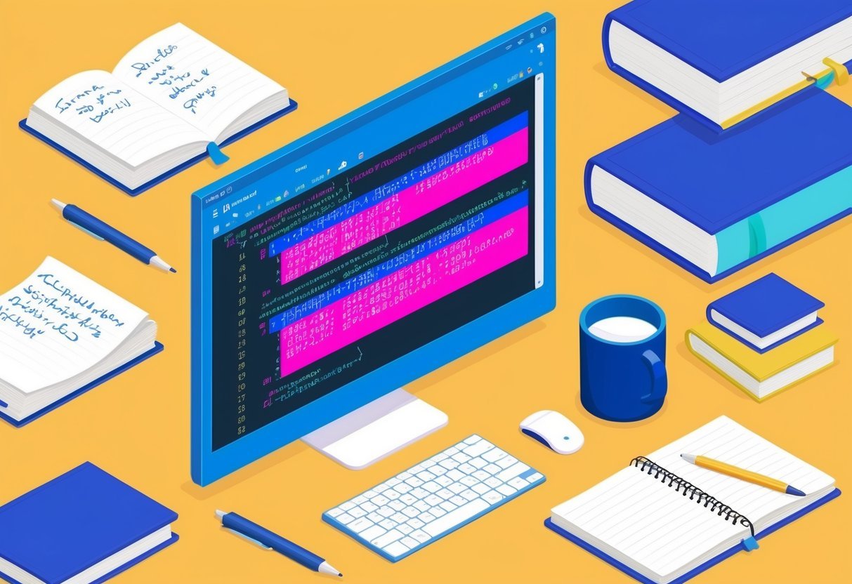 A computer screen displaying SQL code with a mix of null values and error messages, surrounded by reference books and a notebook with handwritten notes