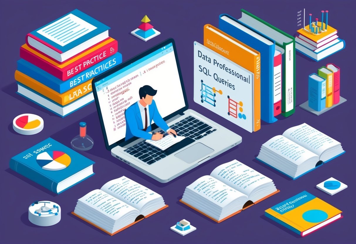 A data professional writing SQL queries on a laptop, surrounded by books on best practices and data science concepts
