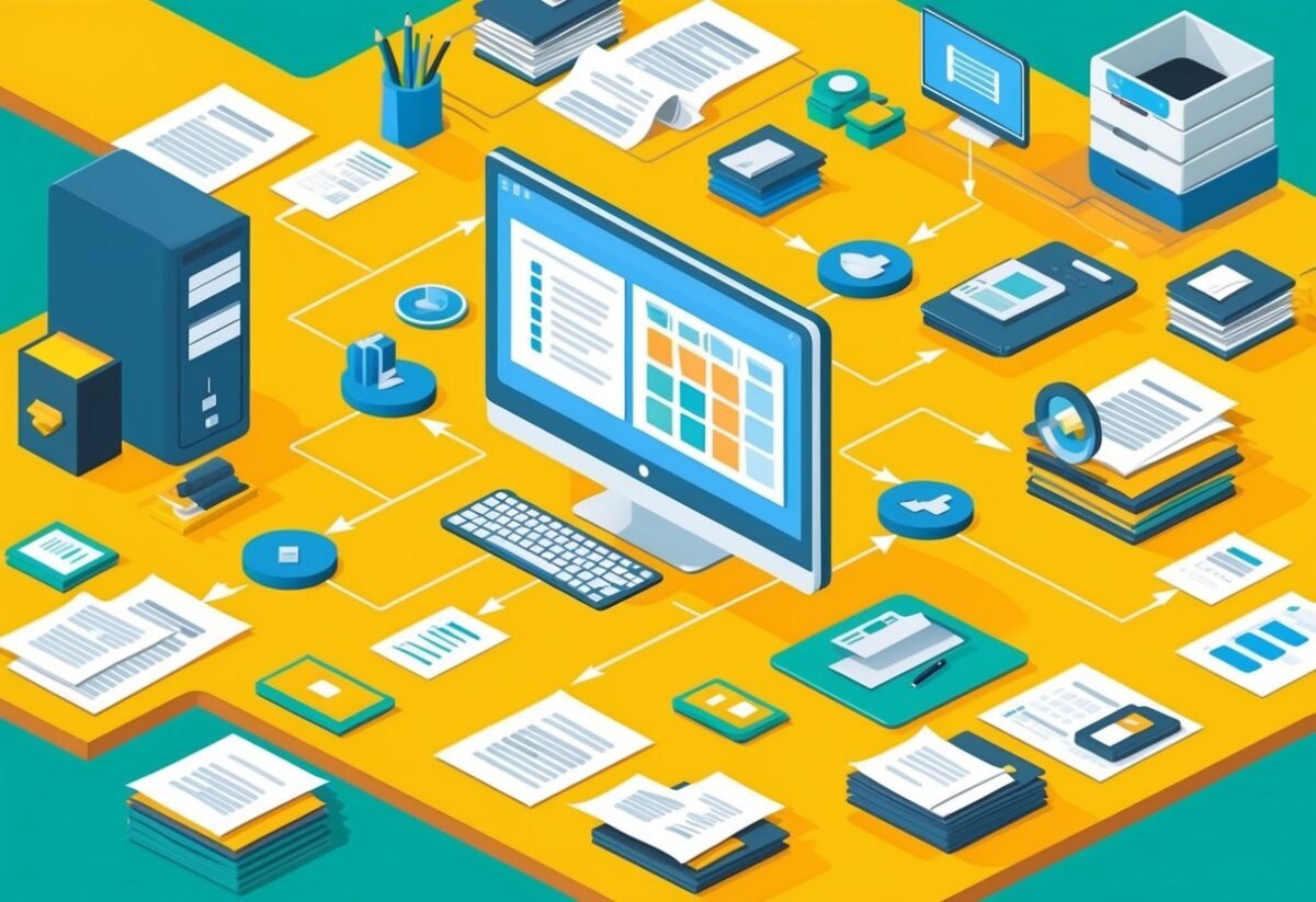 A cluttered desk with scattered papers, a computer, and various storage solutions. A flowchart illustrates the integration of version control within a data professional's workflow