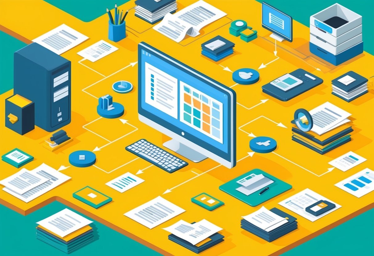 A cluttered desk with scattered papers, a computer, and various storage solutions. A flowchart illustrates the integration of version control within a data professional's workflow