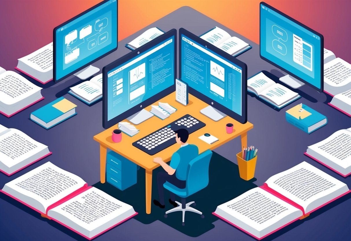 A data professional at a desk, surrounded by computer screens and open books, studying version control concepts in a quiet, organized workspace