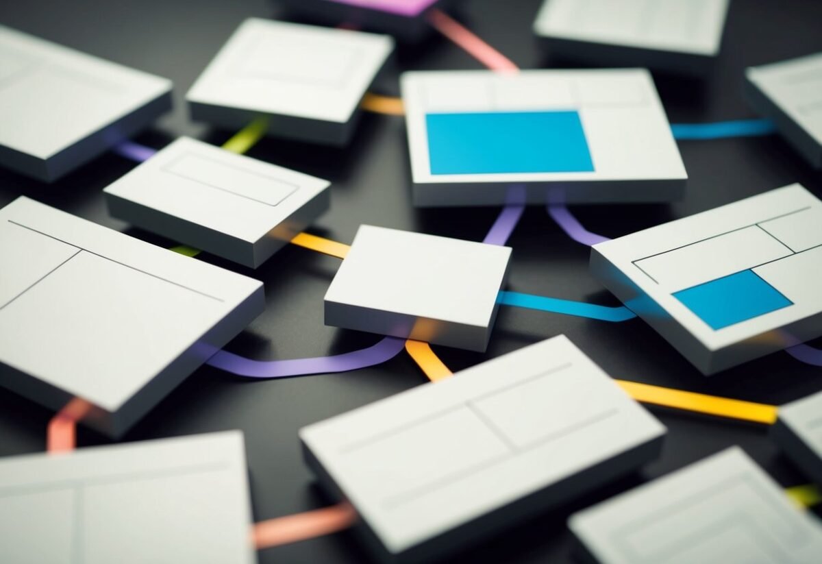 Multiple tables connected by lines, with overlapping fields and matching values. Different shapes and colors represent various join operations