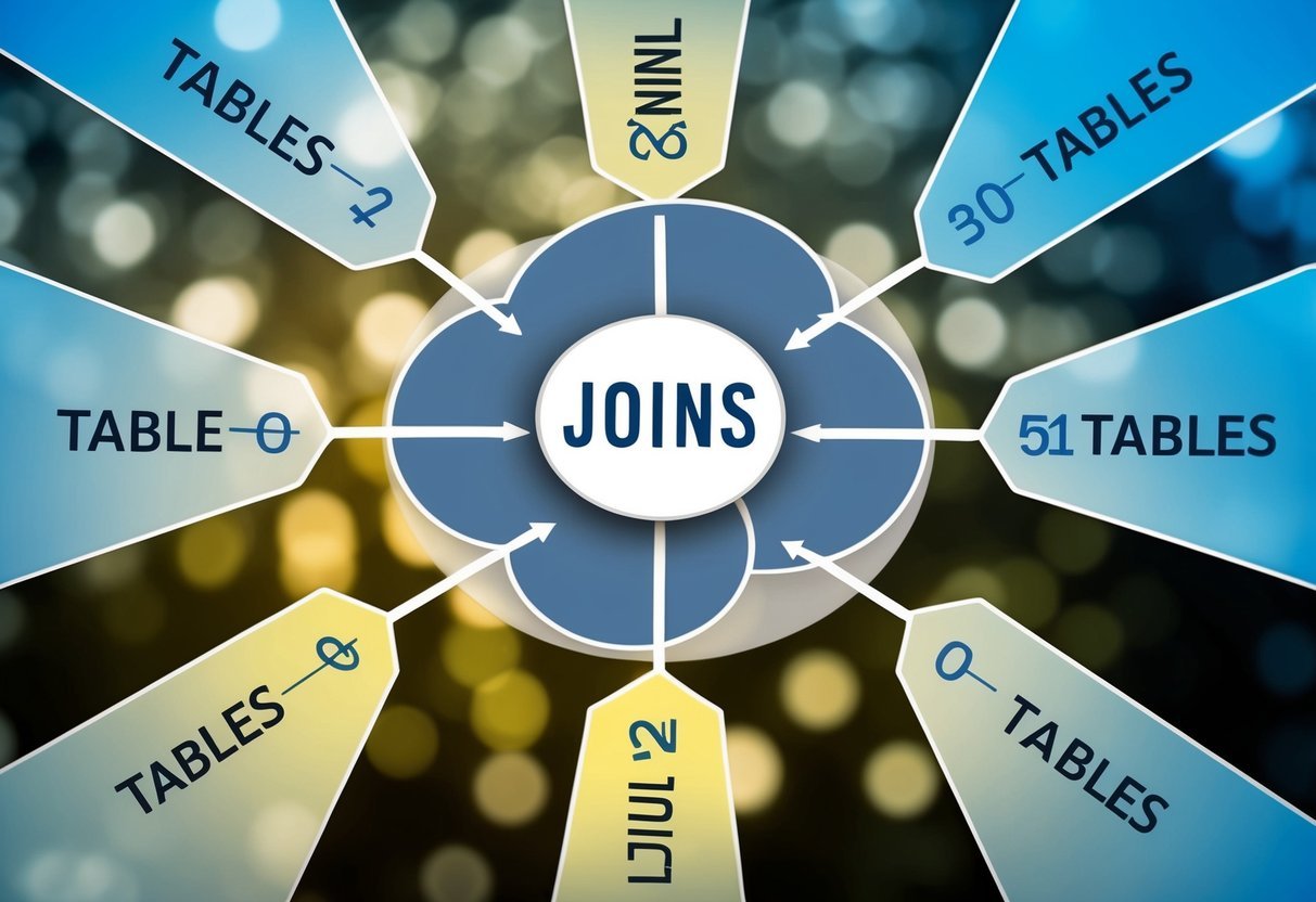 Multiple tables intersecting like a Venn diagram, with connecting lines and labels to represent SQL JOINs