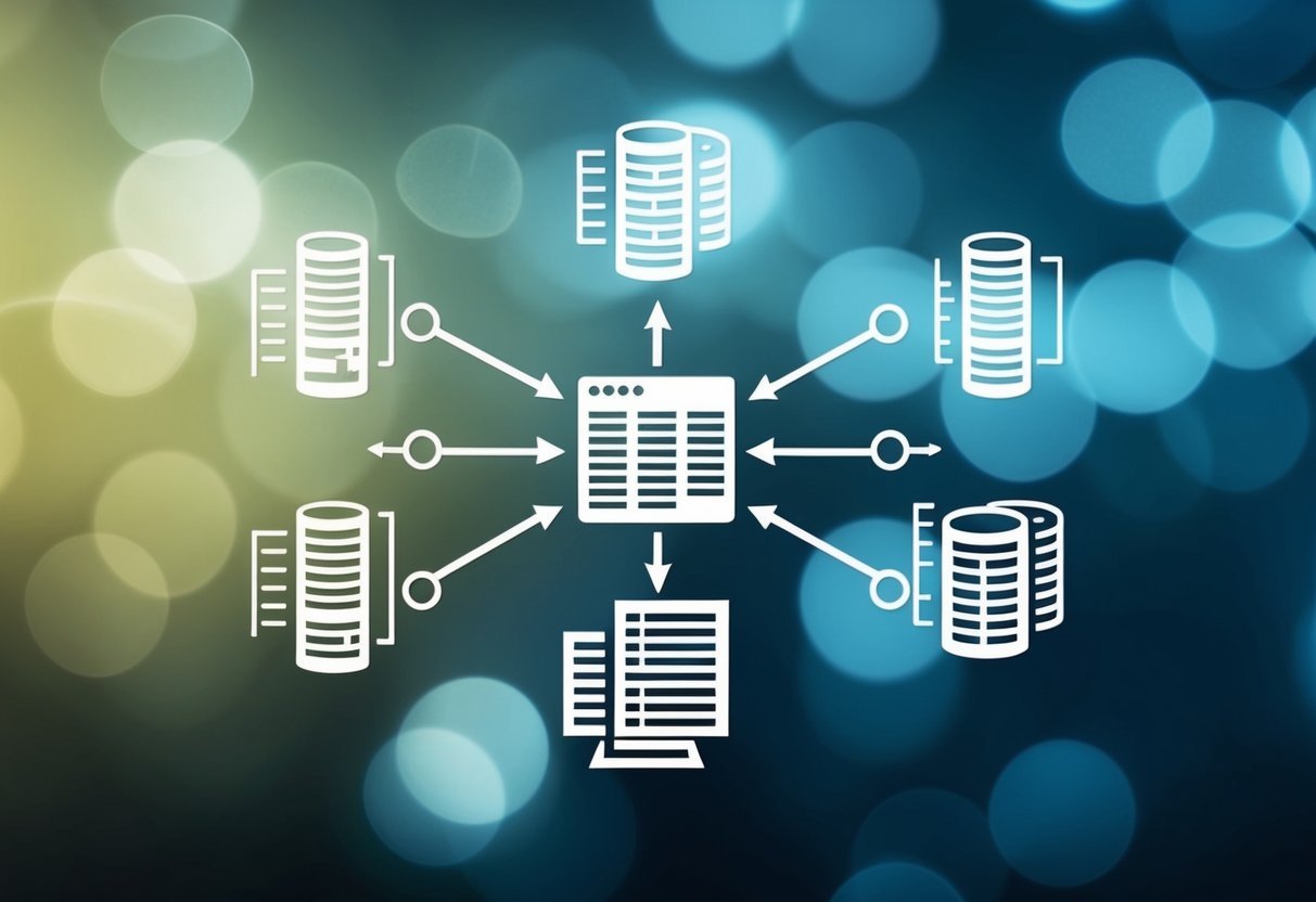 A database diagram with multiple tables connected by lines and arrows, representing SQL JOIN performance optimization