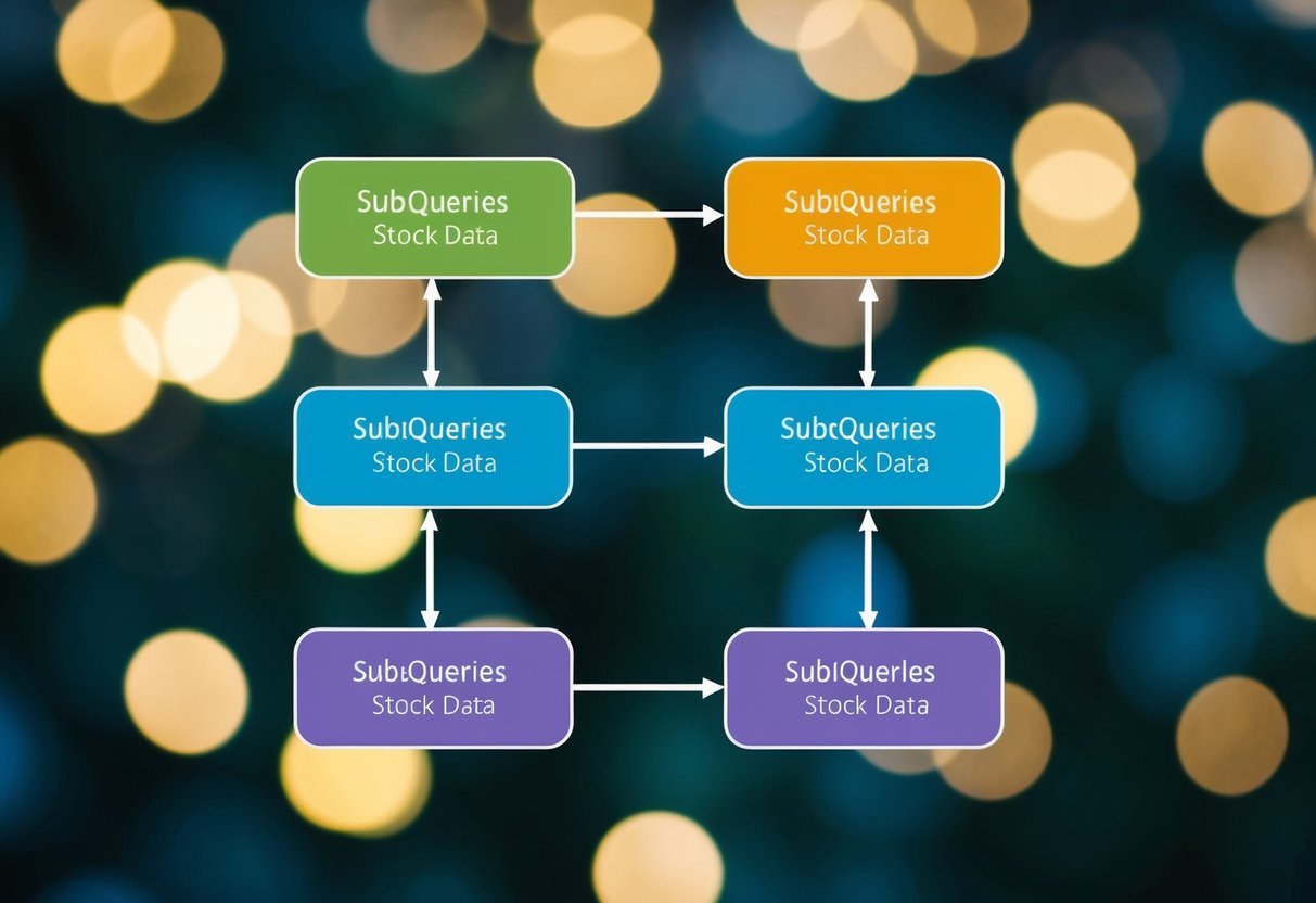 A diagram showing two separate tables with related data, one using subqueries and the other using joins in SQL for data retrieval