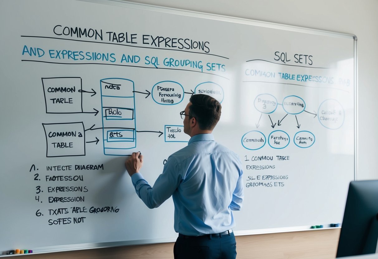 A person studying a large whiteboard covered in diagrams and notes on Common Table Expressions and SQL Grouping sets