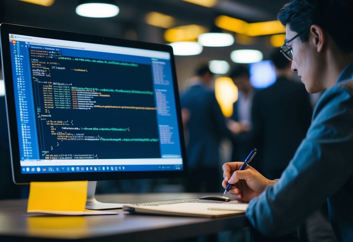 A computer screen displaying SQL code with grouping sets and a person taking notes