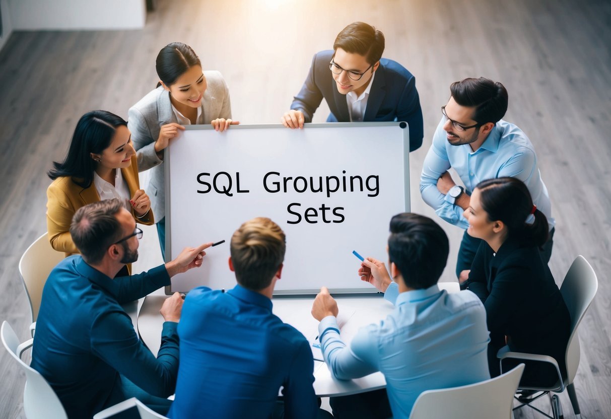 A group of people gathered around a whiteboard, discussing and learning about SQL grouping sets