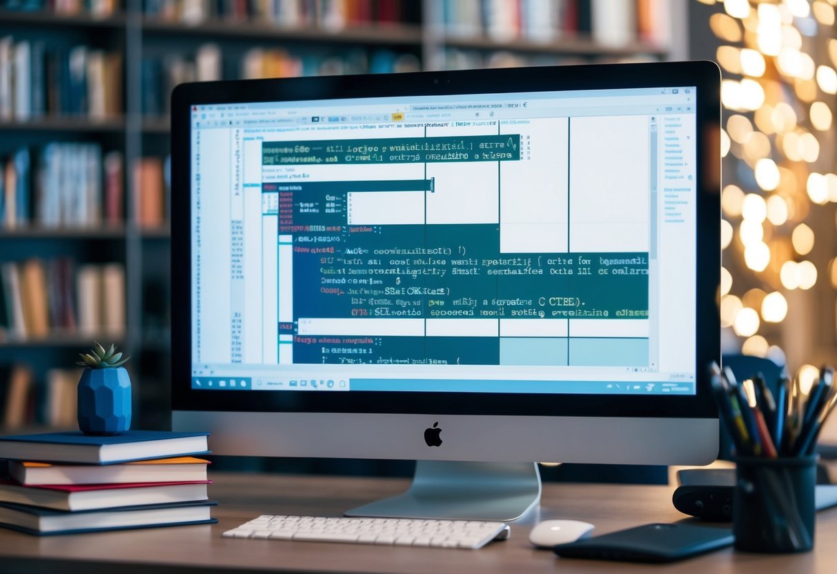 A computer screen displaying SQL code for generating data series with Recursive CTEs, surrounded by books on SQL best practices