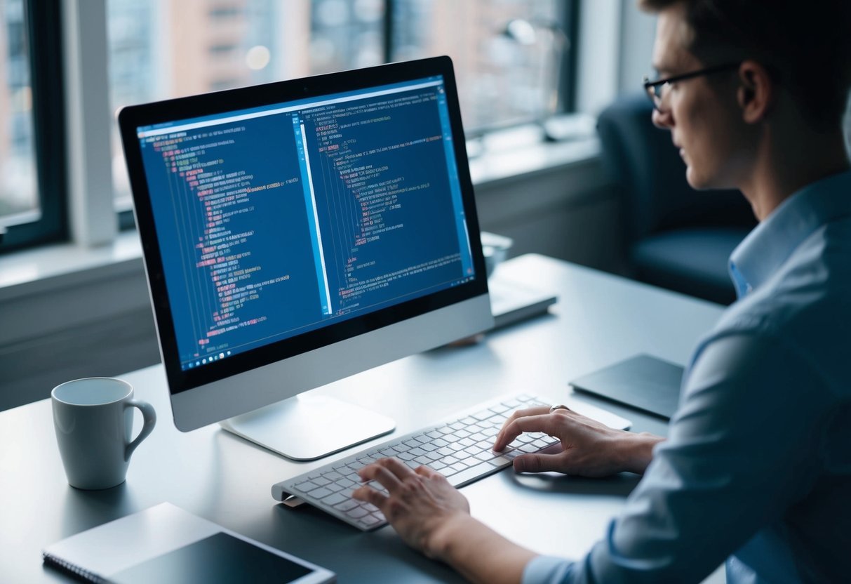 A person typing on a computer, with multiple windows open showing SQL code and tables being defined and manipulated
