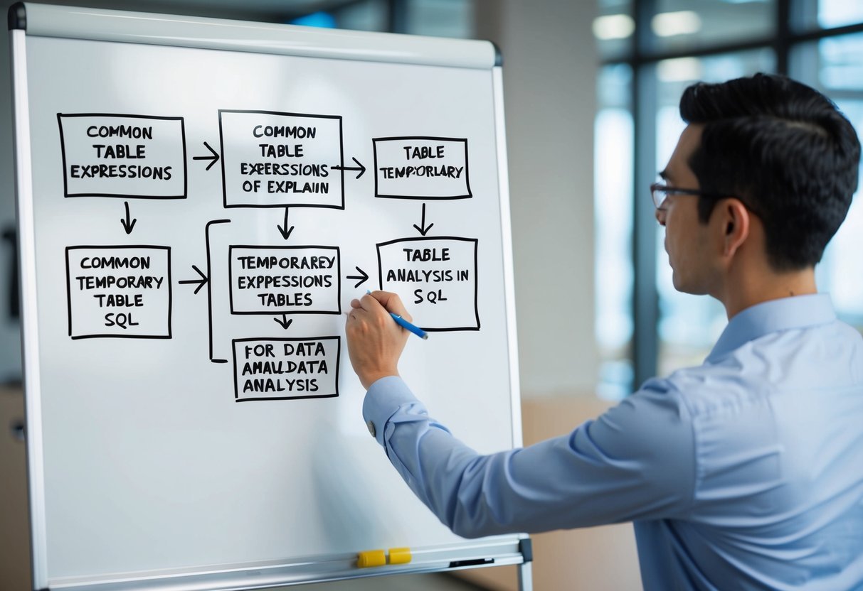 A person using a whiteboard to visually break down and explain the concept of Common Table Expressions and temporary tables for data analysis in SQL
