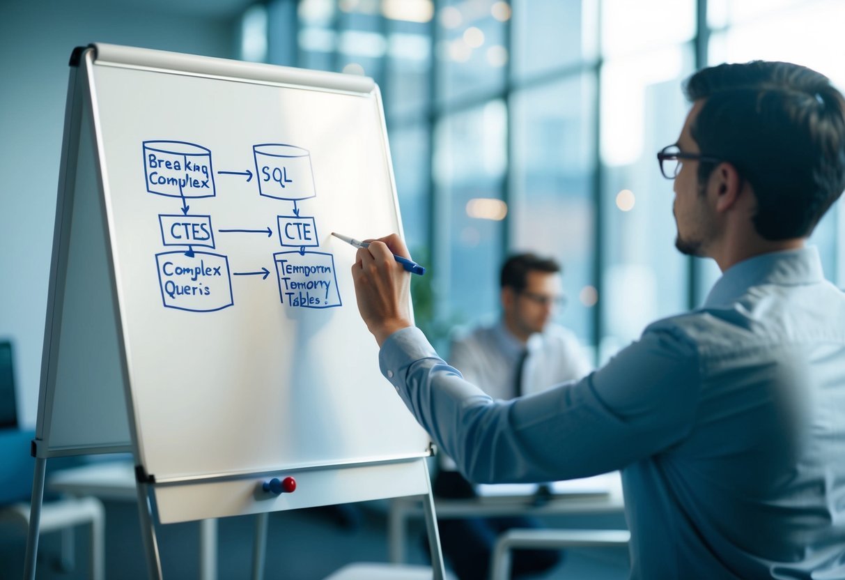 A person using a whiteboard to diagram the process of breaking down complex SQL queries into manageable steps using CTEs and temporary tables