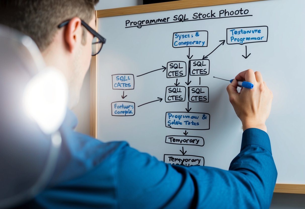 A programmer using a whiteboard to map out SQL CTEs and temporary tables, breaking down complex processes into manageable steps