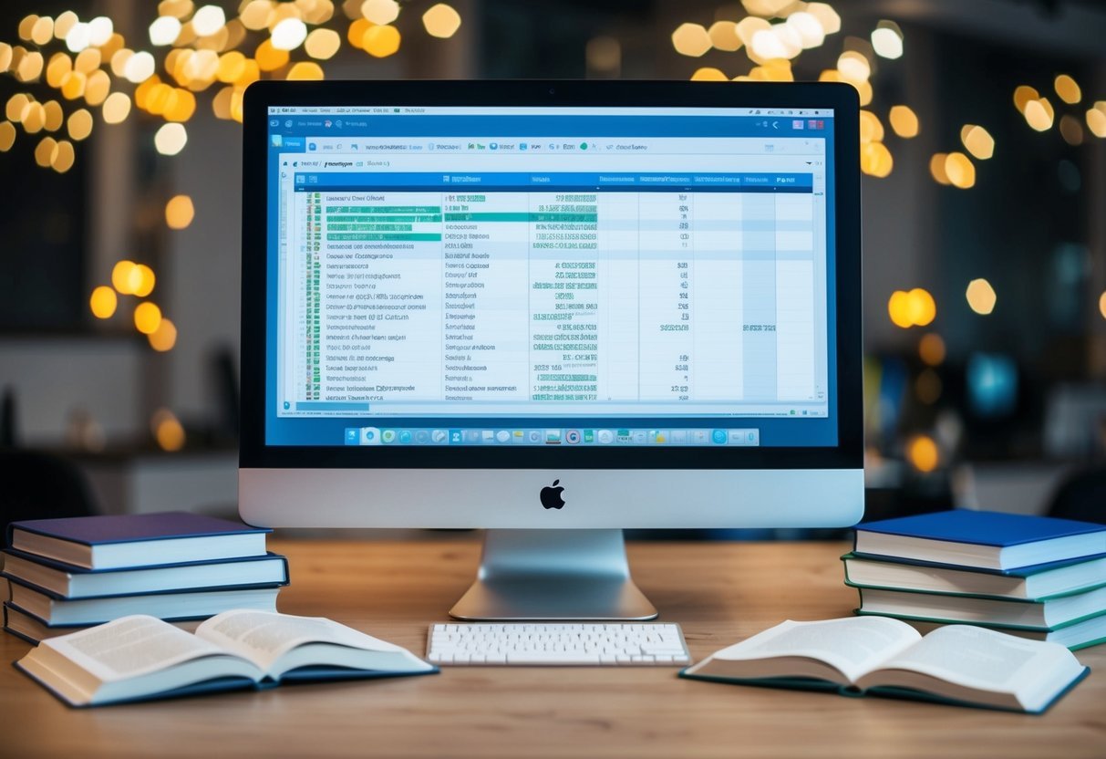 A computer screen displaying a database schema with highlighted index columns, surrounded by open books on SQL optimization techniques