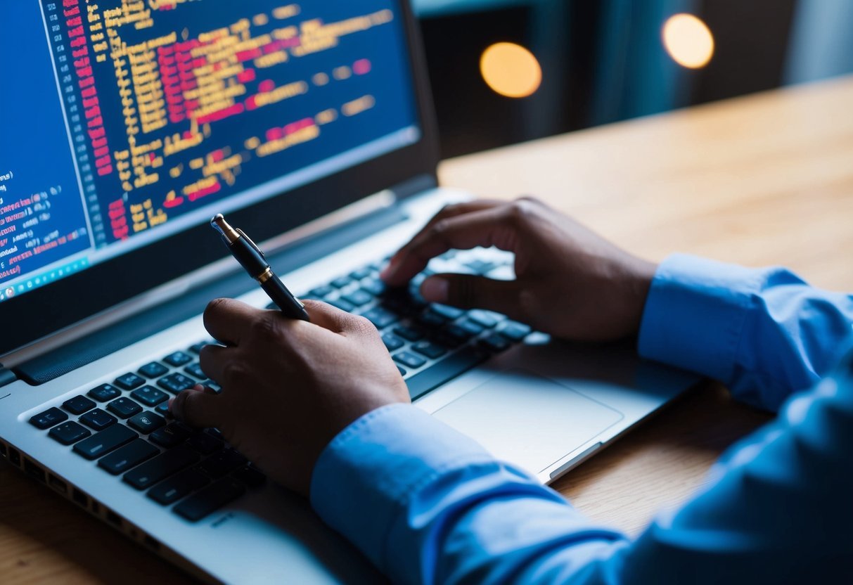 A person writing SQL code with variables and IF statements on a computer