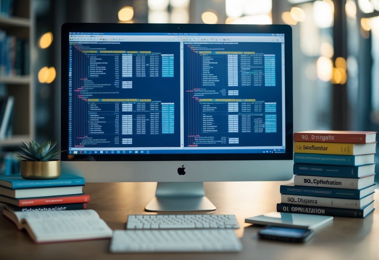 A computer screen displaying a database schema with multiple tables and index structures, surrounded by books on SQL optimization techniques