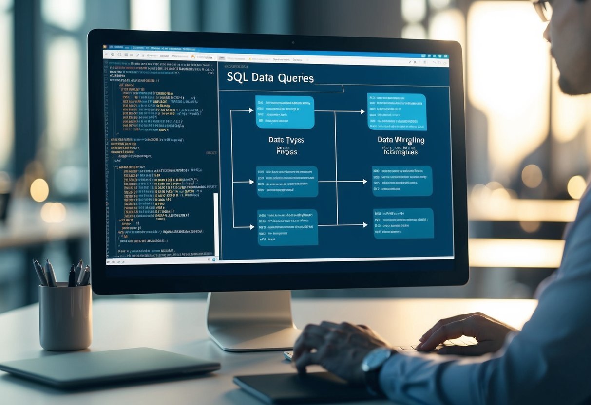 A computer screen displaying SQL queries and data types with various data wrangling techniques in progress
