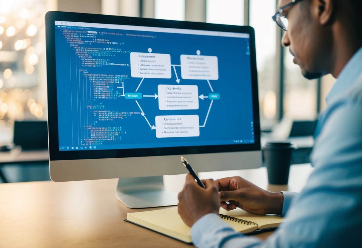 A computer screen displaying a complex SQL query with multiple tables joined together, while a person takes notes on a notebook
