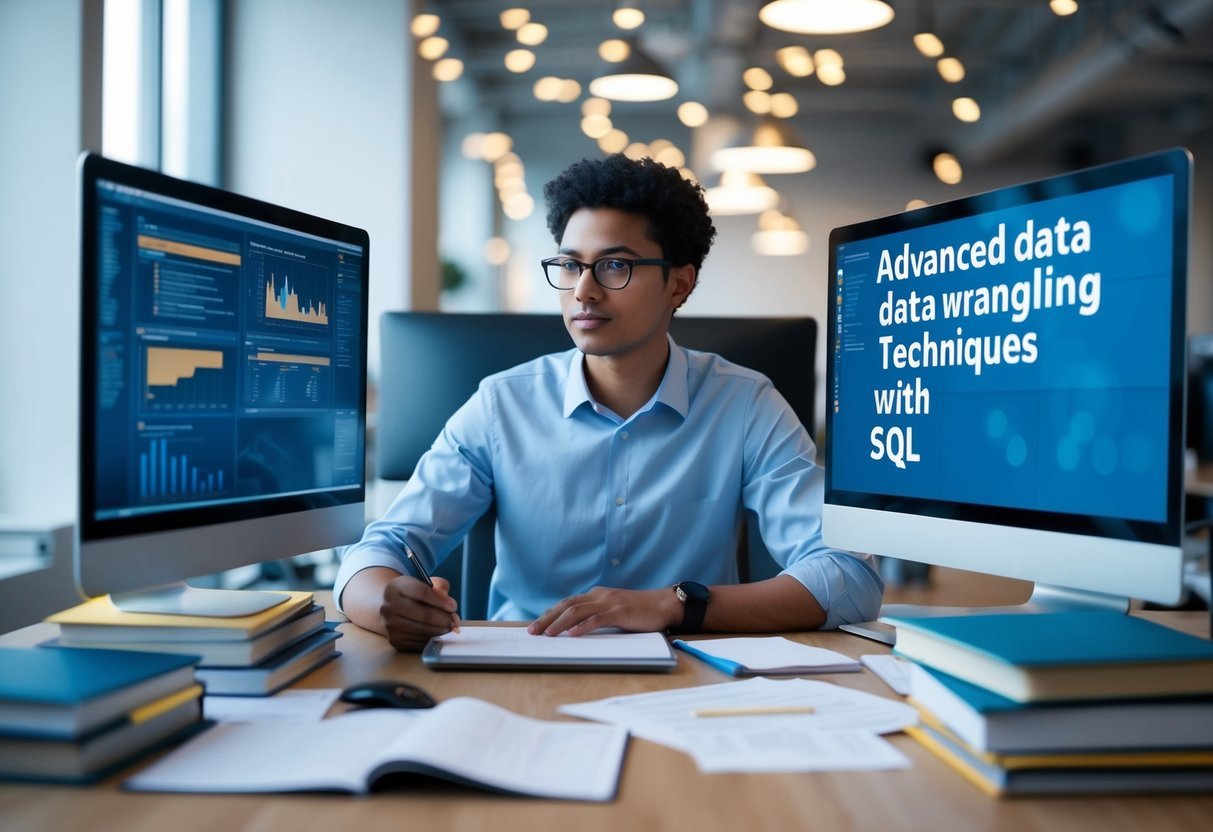 A person at a desk surrounded by computer screens, books, and papers, studying advanced data wrangling techniques with SQL